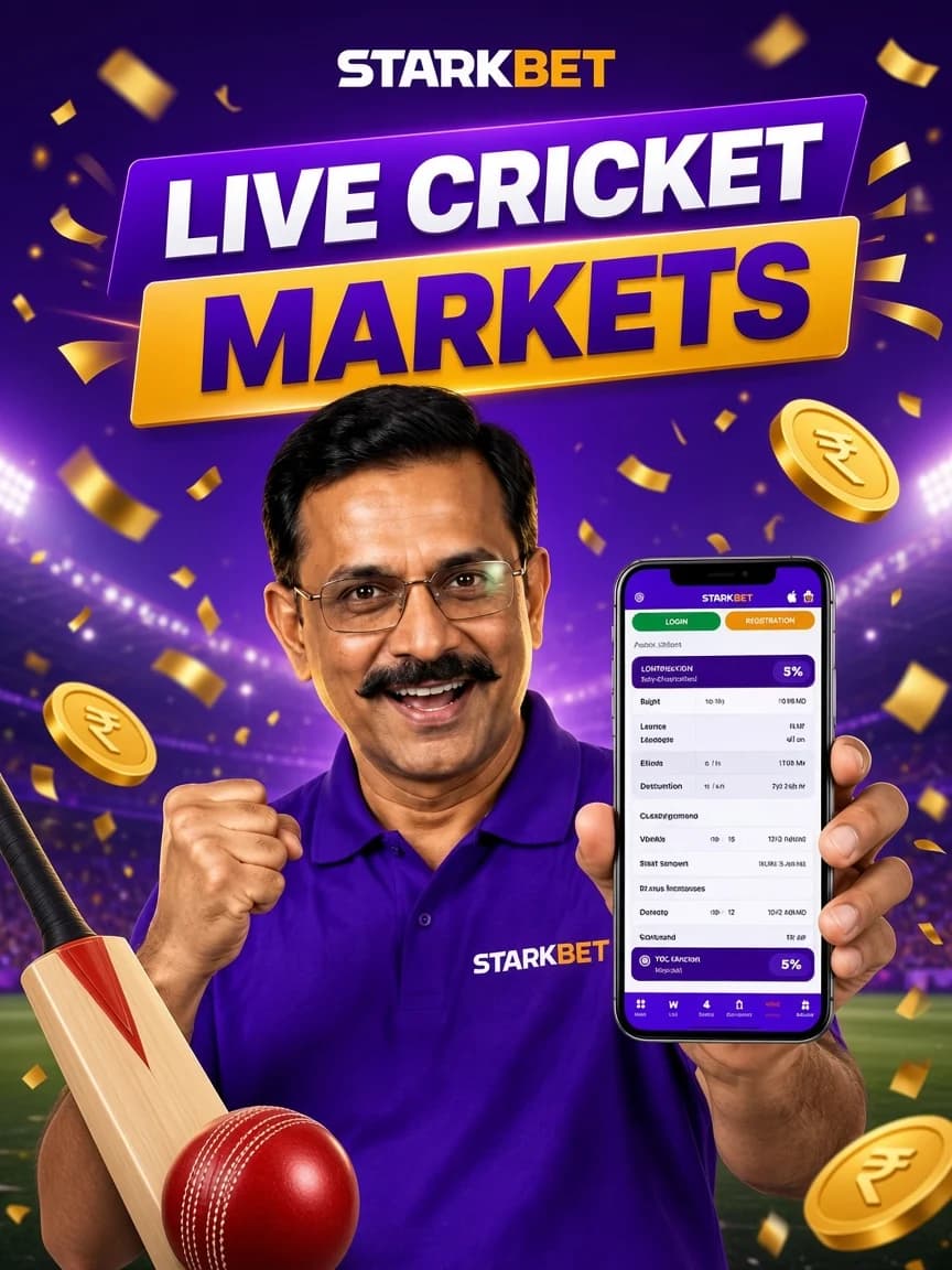 StarkBet live cricket markets promotional artwork with mobile screen
