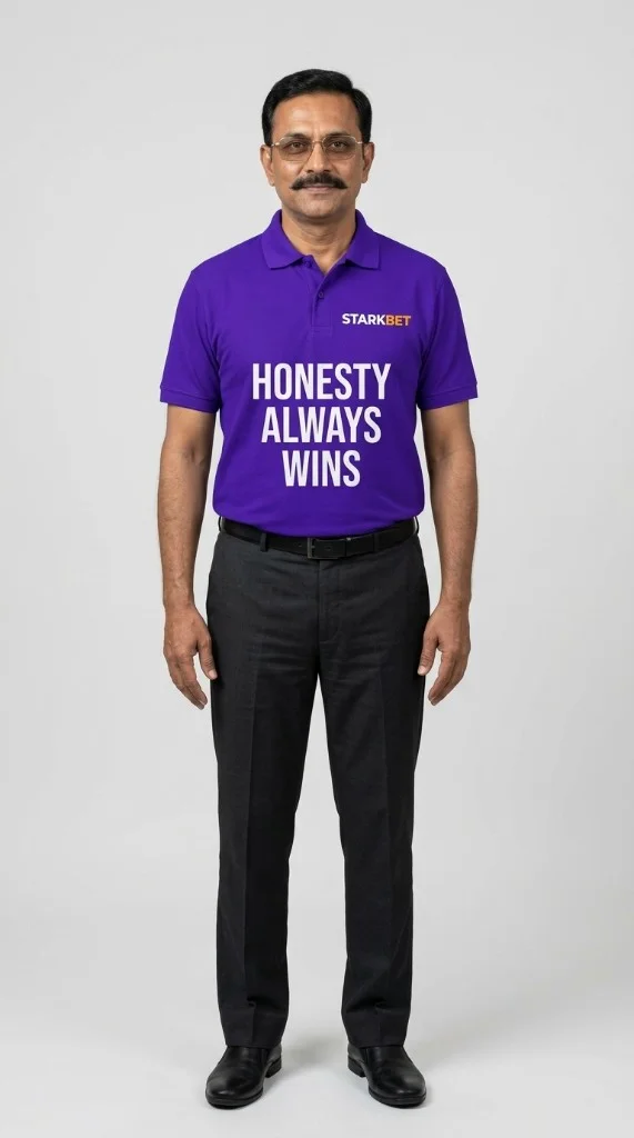 StarkBet representative wearing a purple branded polo shirt