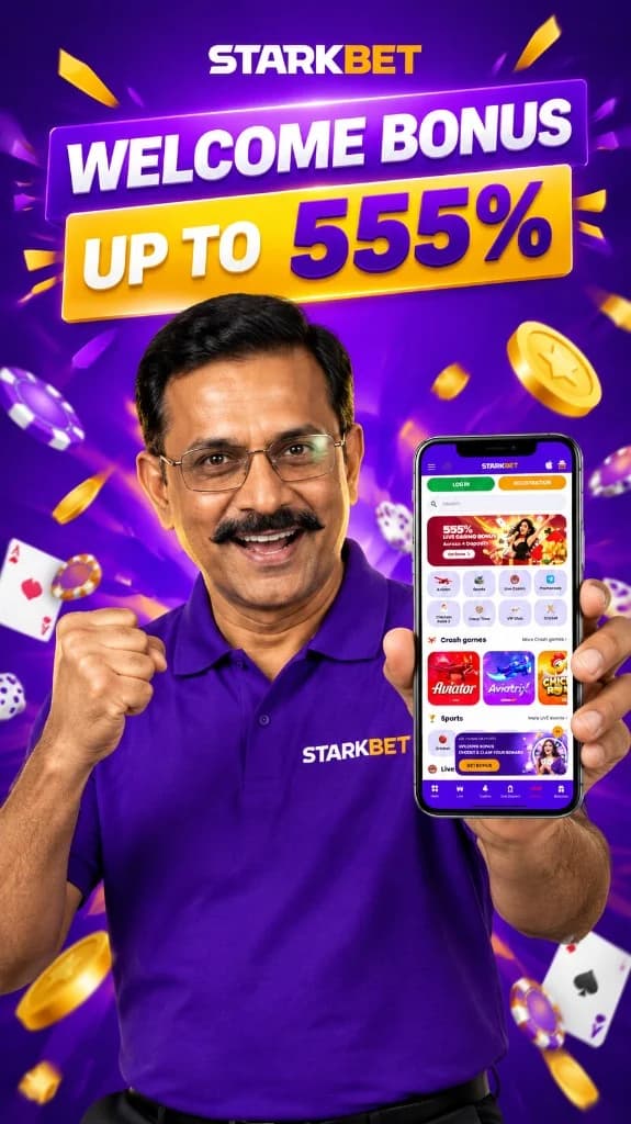 StarkBet welcome bonus promotional artwork with mobile app preview